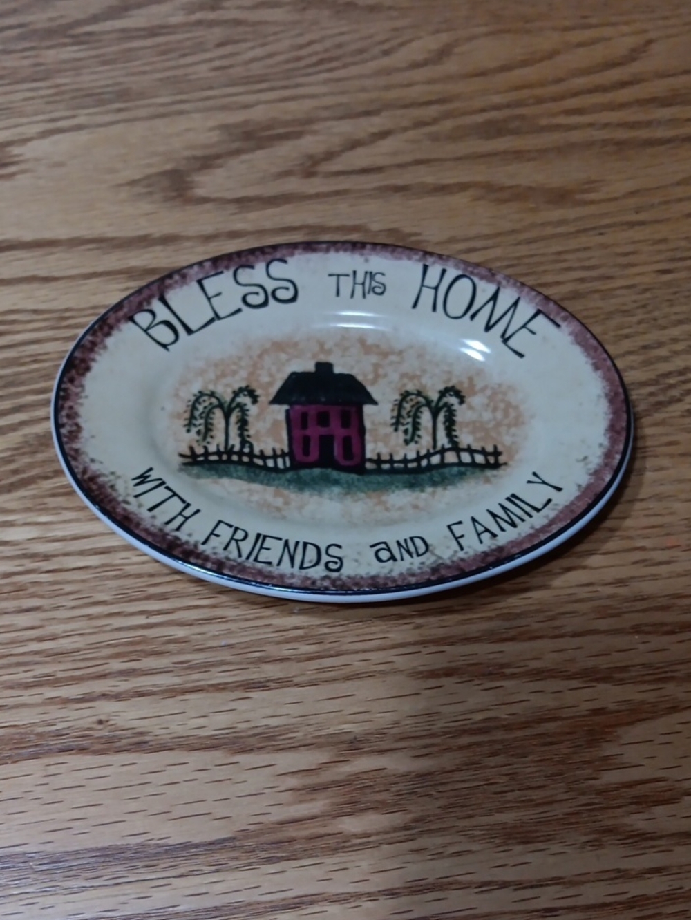 Bless This Home Oval Decorative Plate - Cream with Pink House